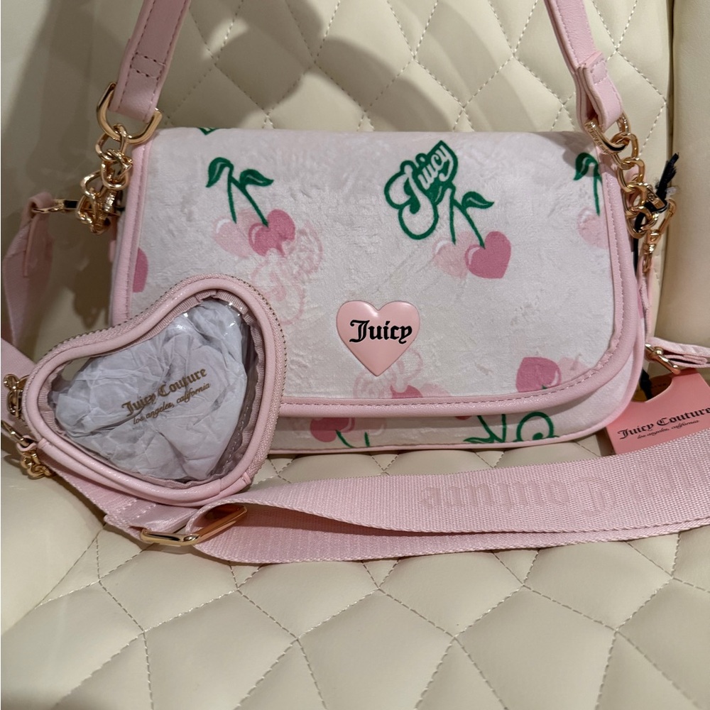 Juicy Couture Pink Crossbody Bag with Heart and Cherry Design